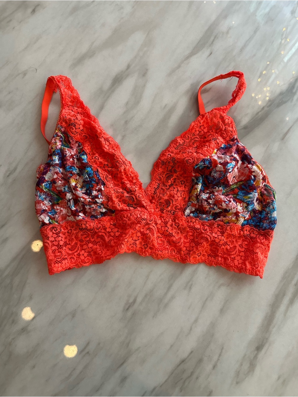 Soma Lace Bralette in Bright Orange with Multicolor Floral Panels